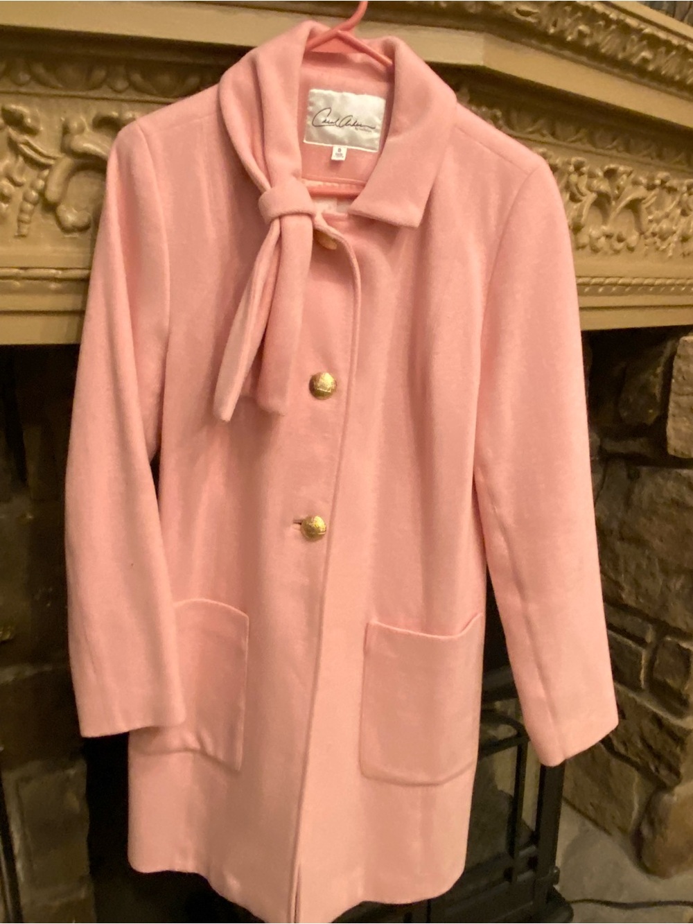 Pink Wool-Blend Pea Coat with Tie Neck by Carol Anderson